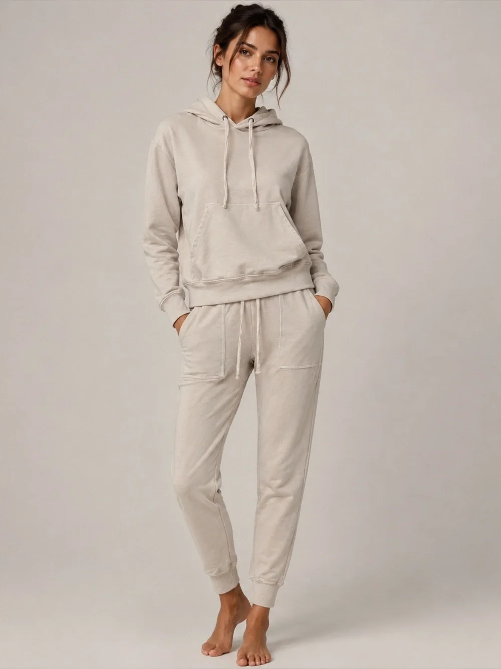 Goodlife Micro Terry Lounge Set Small Beige Hoodie Joggers Travel Minimal Comfy